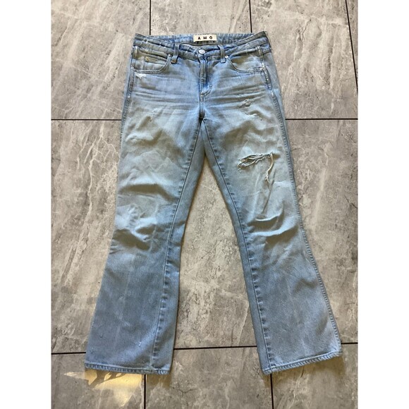AMO Jane Sweet Cheeks Jeans Womens 27 Blue Flared Distressed Stretch Made USA - Picture 1 of 6